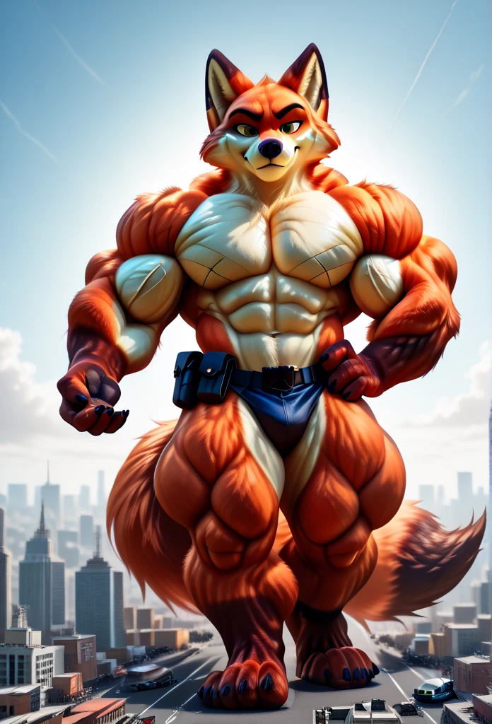 werewolf, bright red fur, blue jeans, high top sneakers, hulking, overly muscular, flawless, bodybuilder, ripped, very defined, god aura, very muscular, scary, demonic
