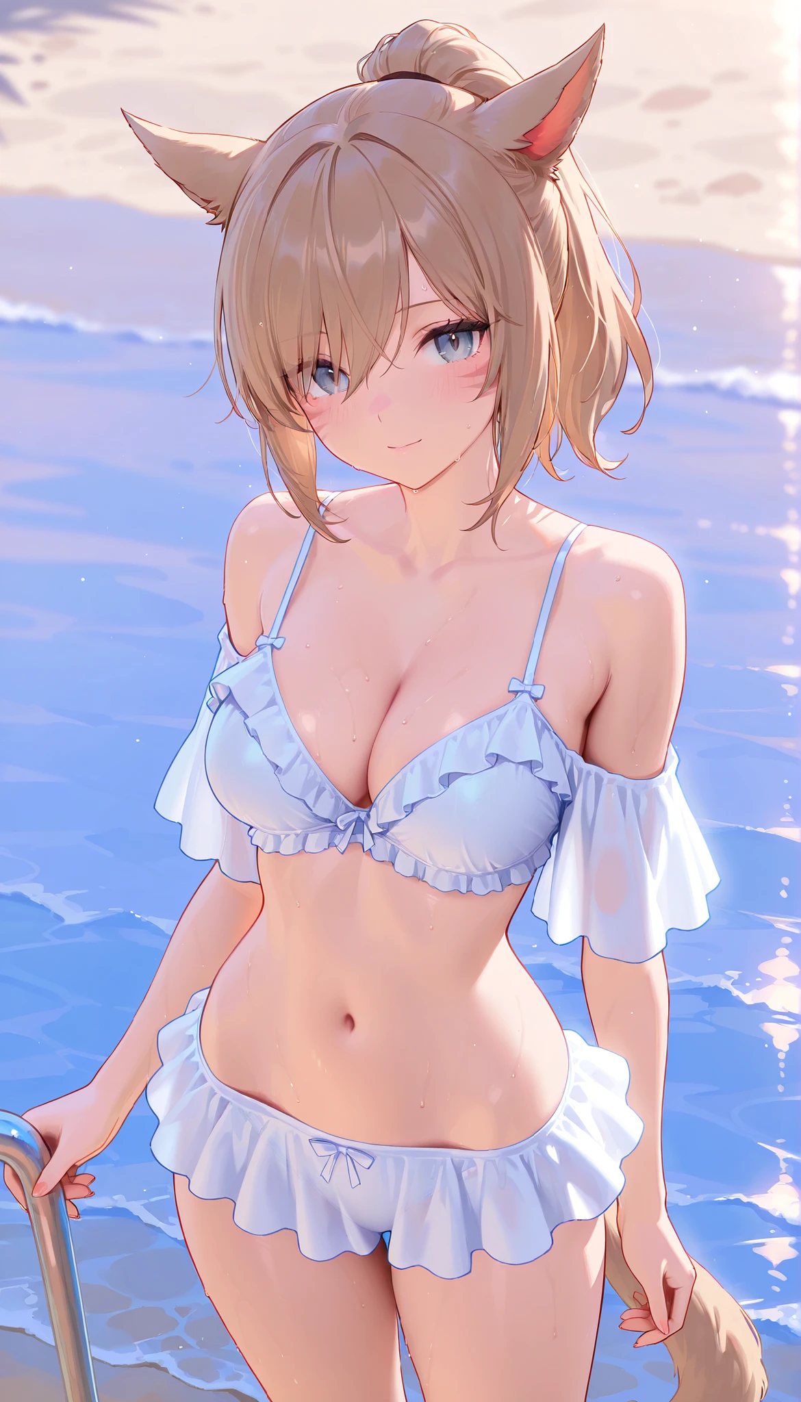 masterpiece, Highest quality, High resolution, Very detailed,(((Asahi Serizawa))), (((Blue Lingerie))), (((smile))), Beach at night