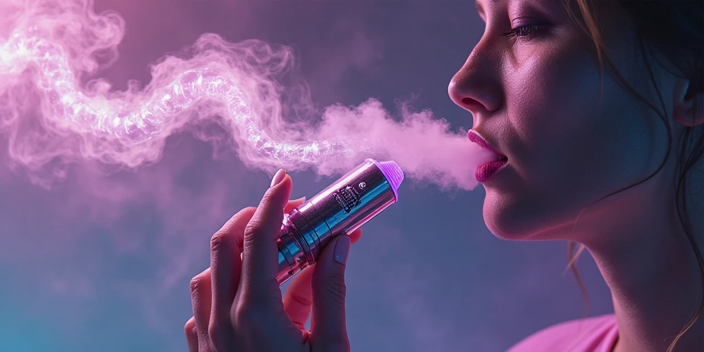Arapei woman smokes e-cigarettes，Pink smoke comes out of the mouth, holding a small vape, Blue and purple vapor, smoke coming out of her mouth, smoke and gas, colorful vapor, blowing out smoke, mist vapor, Purple smoke, smoke from mouth, violet spike smoke, Smoking woman, Distort the vapor, smoking body, Blow smoke, in front of smoke behind