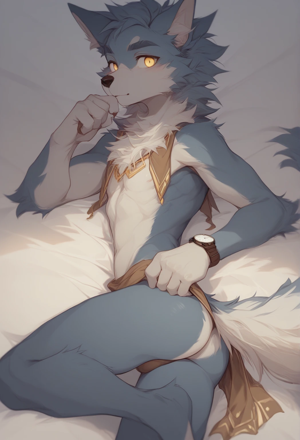 score_9,score_8_up,score_7_up, source_cartoon, source_furry, furry shota, wolf, black hair, long spiky ponytail, blue eyes, detailed body fur, two tone body fur, grey body fur, clear grey body fur, ((goggles, blue hawaiian shirt, one shoulder off, open clothes, nude, canine penis, animal penis)), detailed body fur, detailed face, detailed eyes, glistering body, shiny body, gorgeous body, ((aeghao, tongue out, saliva, sweat, breath)), navel, (dakimakura, laying on bed), full body, feets with three toes, 3 toes,
