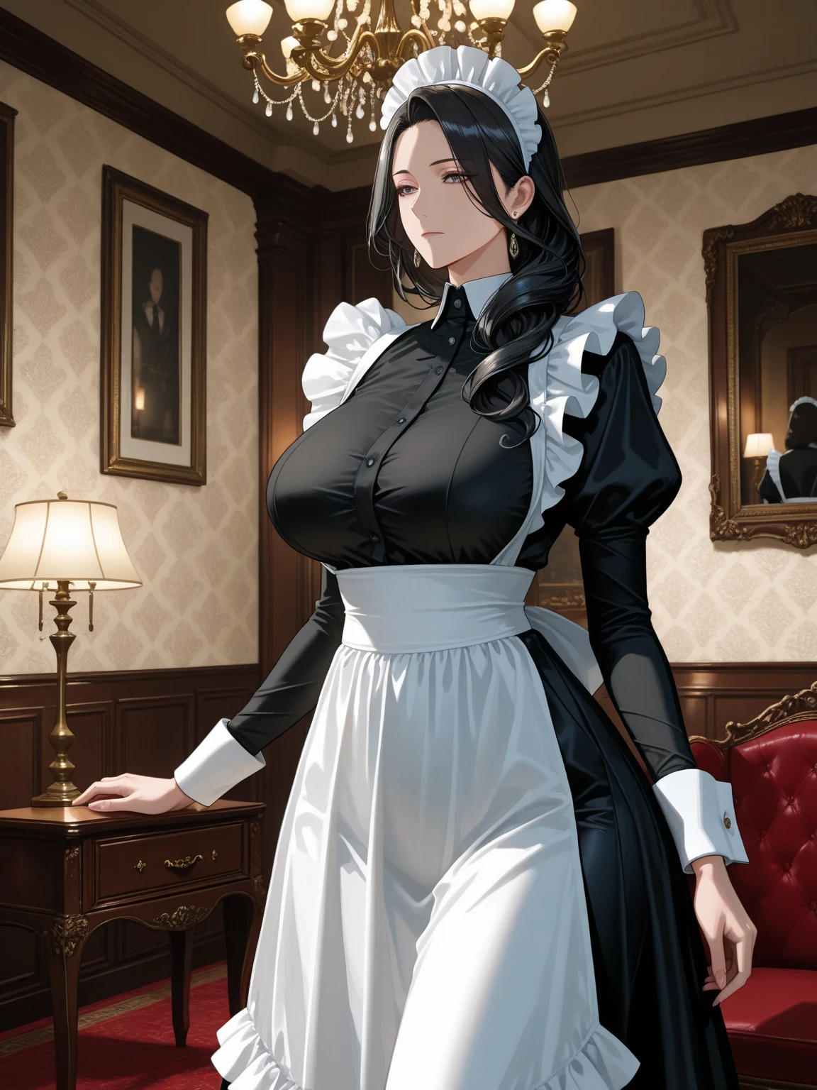 Night time,(Masterpiece), Best Quality, ultra-detailed, 1girl (eri, Slender and sexy body, huge breasts, wide hips, brown hair, single hair bun, brown eyes, half-closed eyes, spectacles), smile, parted lips, facing viewer, looking at viewer, solo, maid (black), frill, apron, maid headdress, in the bedroom, standing, Sexy waist teasing , Full-body