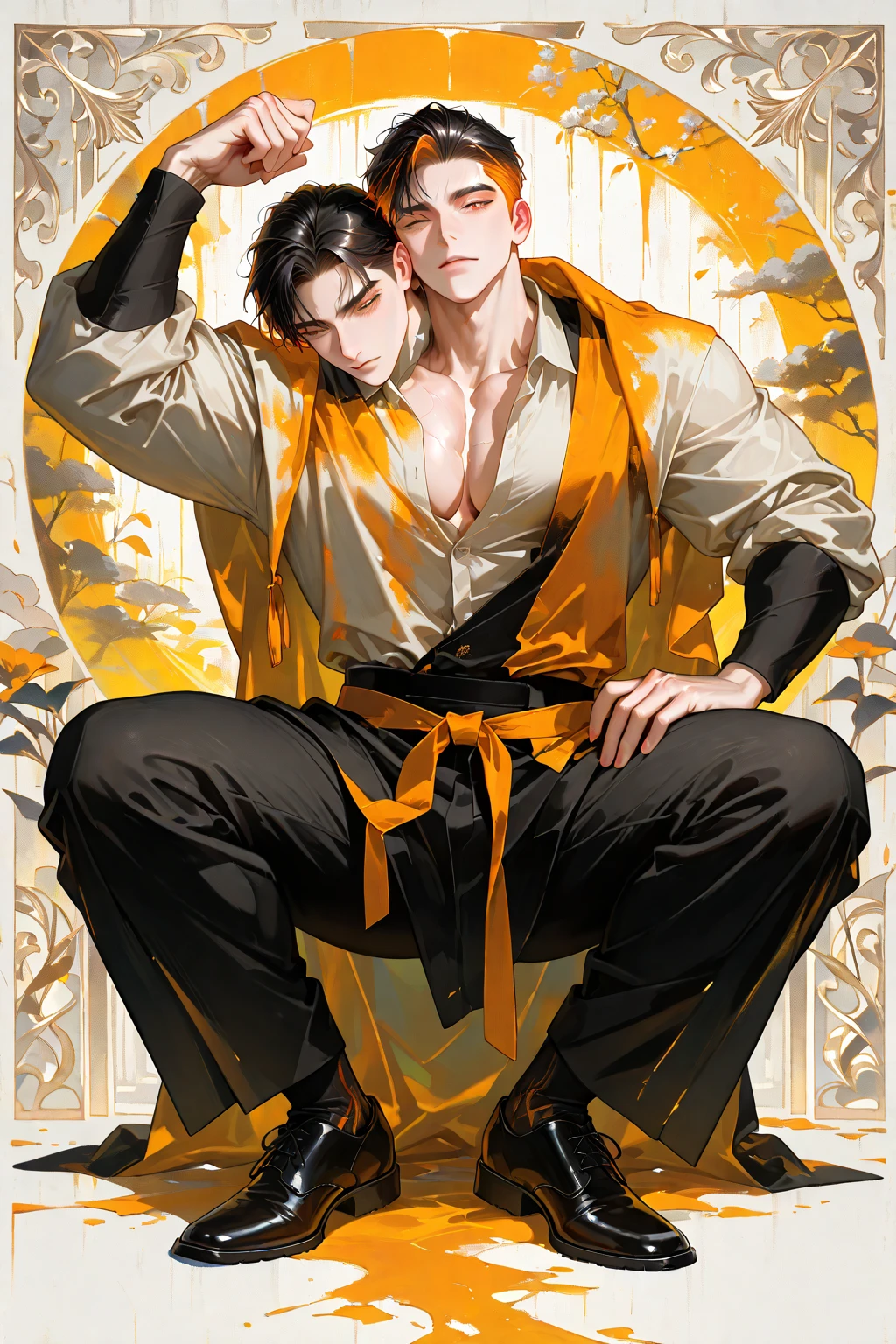 (8k), (highest quality), (masterpiece), two-dimensional, anime style, man (male warrior), sitting (straddling), crotch sweating, crotch sweating, muscles, correct proportions, face details, martial arts, high ponytail hairstyle, sweating, pectoralis sweating, abdominal sweating, face sweating, drooling, neck details, with Adam's apple, wet, wet, Hanfu costume, long robe, embroidered robe, dragon robe, clothes details, collar, long sleeves, game quality, swordsman demeanor, light and shadow tracing, ray tracing, detail glowing, CG rendering, Hair details, long black hair, golden eyes, sweaty face, handsome, handsome, sweat beads slipping down the neck, (juvenile feeling), complex clothing, wet, wet, perfect composition, refinement, high quality, more details, a lot of details, complex background, atmosphere,