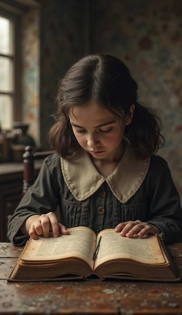 a 3 year old girl, with pale skin, brown curls, big green eyes, smiling, with a book