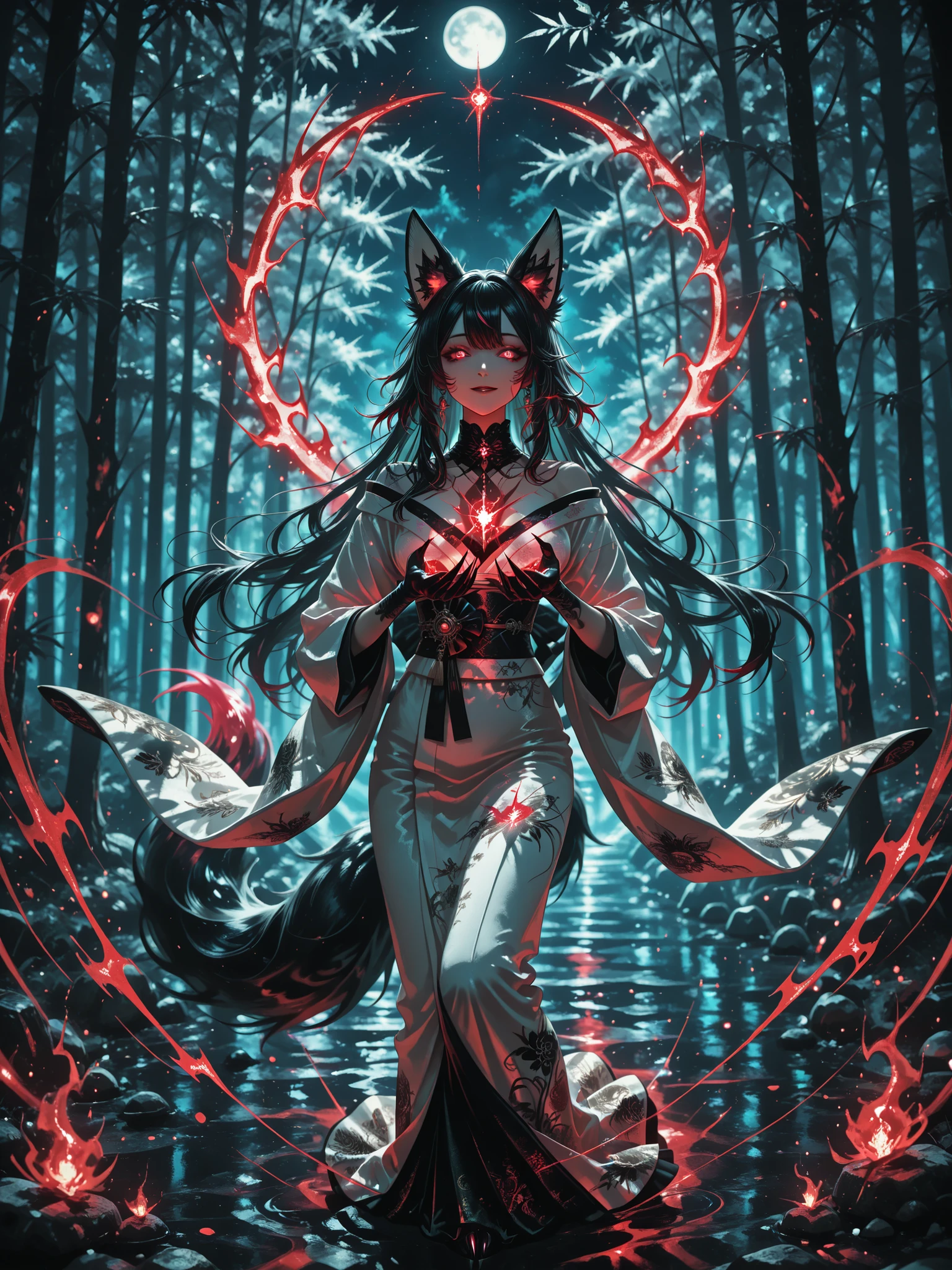 Demonic fox girl, beautiful demon fox ink drawing.Elegant dancing tail,fox ears,in extreme detail, transparent,bright colors,The rich and delicate texture,Mysterious forest under the moonlight,long flowing hair,impressive face, exposing its claws , eye-catching ,Lazy in evil,cold smile,Elegant and noble pose,charming and seductive temperament,Fascinating shadows in the moonlight,in the white kimono,has a black text pattern.