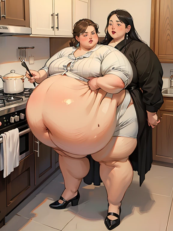 Clear, realistic,realism Attractive dressing Beautiful colorful hairs,perfect facial features of well dressed two housemaid Women's, mother and wife lips kissing eachother lovely kiss on lips in kitchen,hand's on shoulder,looks like gorgeous wife giving a eligent pose wearing cook maid quotfit  added anime shoes ((with big body curves, attractive crown full dressed white and red clothing,bouncy breasts:2.4 thin waist,big wide hips , but gigantic thighs)) wearing necklaces with princess sexy attractive long frock clothes full body clothing reach maid white and red maiden clothes added sandals heel flowen net design frock 