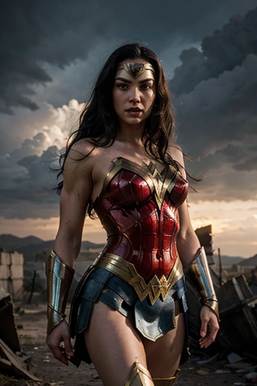Create a beautiful, realistic, and flawless image of a woman dressed as Wonder Woman. Positioned centrally with a clear focus, this high-definition photograph captured with a Canon EOS R5 exhibits volumetric lighting and intricate details. The Amazonian warrior wearing a red and blue body suit, golden tiara, and a golden Lasso of Truth. Her muscles are defined, embodying strength and power, while her expression is determined and confident. The background is blurred, drawing all attention to the stunning Amazon Princess. This image is truly cinematic and dramatic, pushing the boundaries of exceptional quality. Shot in natural light, this 6K HDR image provides an immersive, movie-