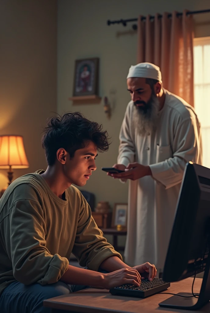 Creat 3D animated muslim  2 Men  with a laptop and laptop back side Written a name Nur Orenge colour. And he looking in camera and Background is a room . Mecca madina photo fram hanging in wall .