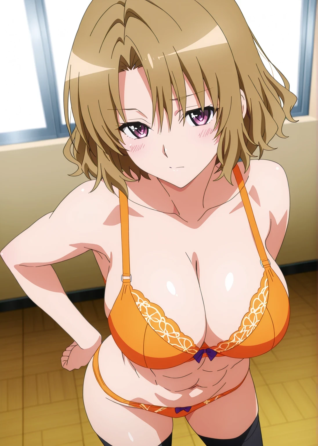 masterpiece, best quality, extremely detail 8k cg, high resolution, 1girl, hitch dreyse, blonde hair, emerald eyes, thin body, massive breasts, thigh gap, bikini top, high hip bikini bottoms, embarrassed look, blush, sitting, indoors, bedroom, beautiful face, medium full shot, from above 