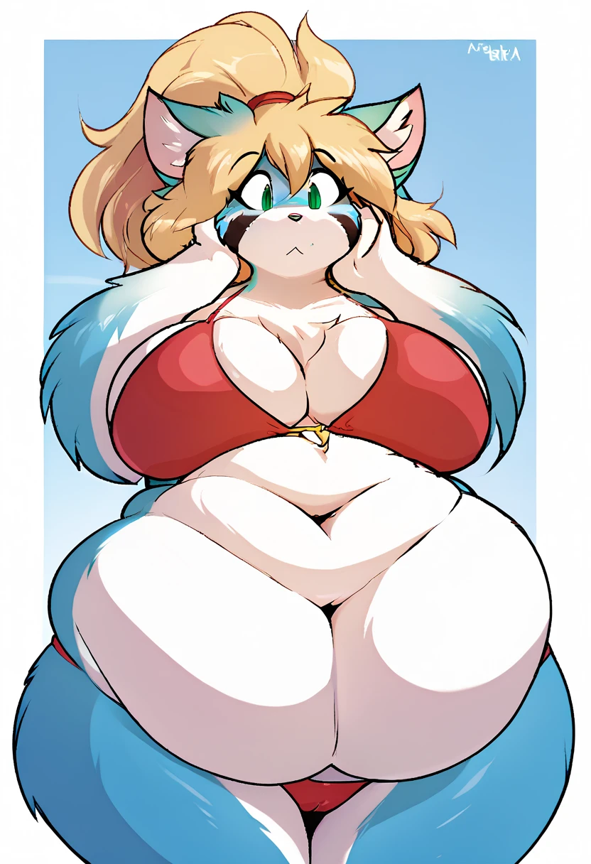 (best quality, masterpiece:1), 2d cartoon, traditional, cartoon accurate, furry female anthro minerva mink, mink, white body, blonde hair, blonde tail, nude, standing, (Gigantic breasts:1.7), (Hyper breasts), (Massive Breasts), (Breasts bigger than body), nipples, pink nipples, puffy nipples, huge nipples, (Wide hips), (Gigantic ass:1.3), thick thighs, hourglass figure, vagina, naval, legs, feet, toes, tail, black eyes, smile, <lora:minerva-v1-novelai:1>