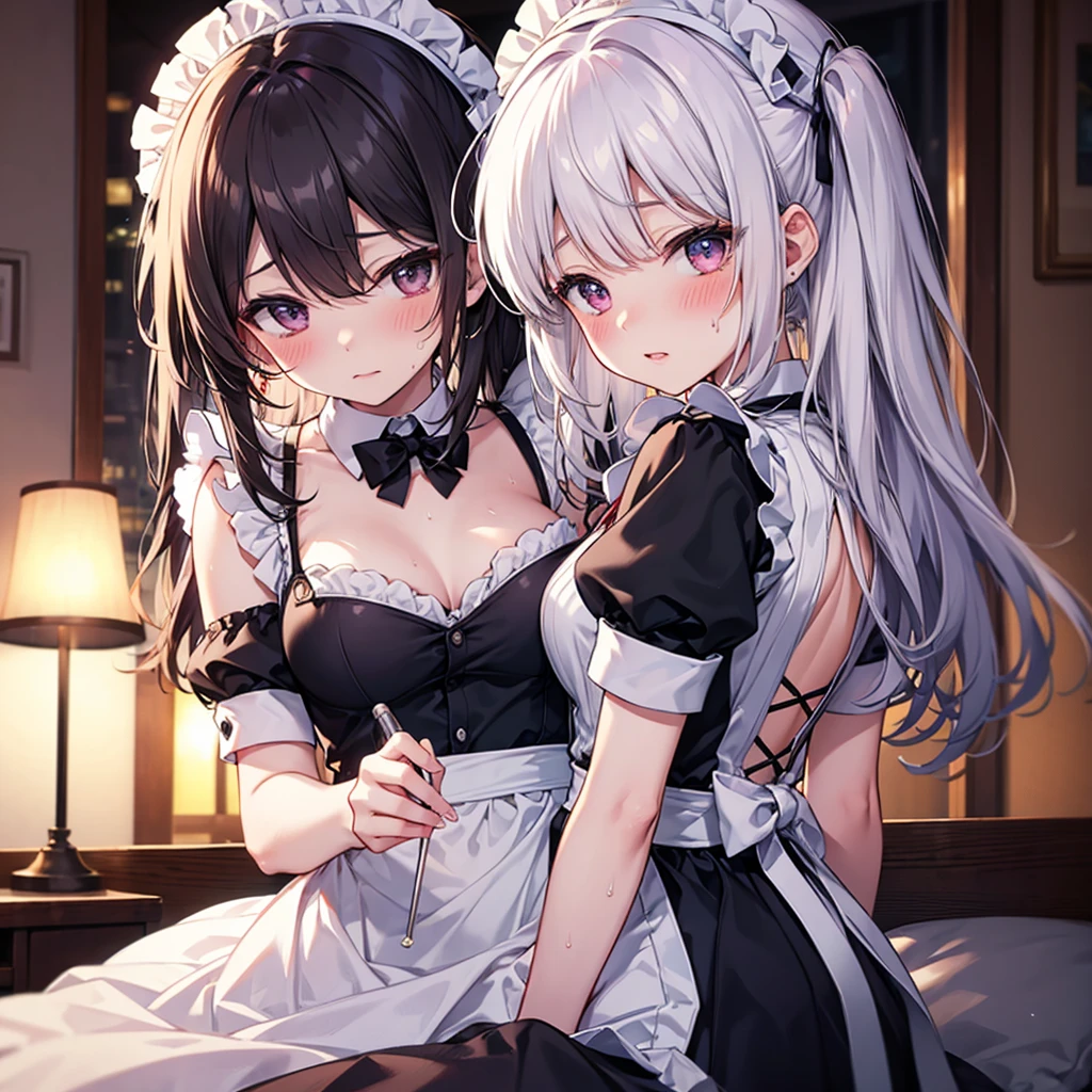 (8K, Highest Quality, Masterpiece:1.3)), Ultra HD, (2 girls, Duo), (Color changing eyes, Ultra detailed, Expressive glow, Sparkling eyes), Highly detailed eyes, Highly detailed face, Random hair, (Silver grey color), Exposed, 2 people side by side, Maid outfit, (Cute panties:1.3), (Ecstatic expression:1.6), White skin, Seductive, Cleavage, Wet panties, Bedroom, Removing the other person's panties