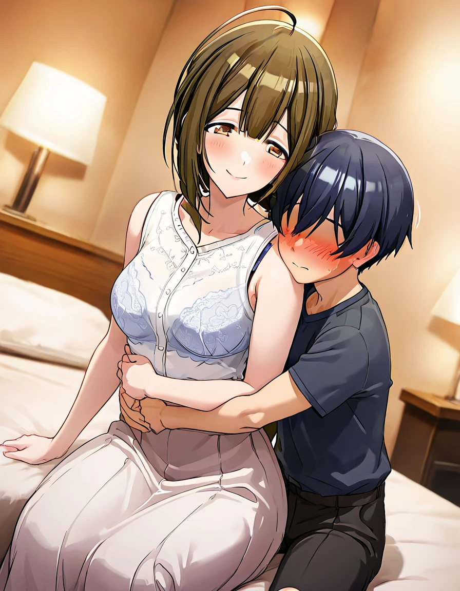 adult mother 50 years old, in one removed bra at home, has sex with his little son, son looks surprised, mother hugs her little son. son inserts ????? into mother's crotch.