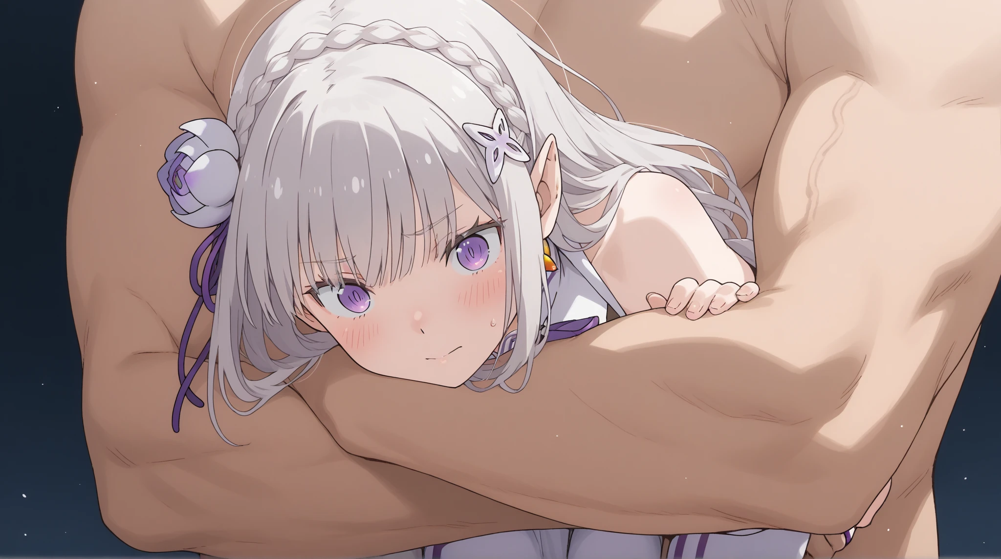 {{{masterpiece}}}, {{{best quality}}}, {{ultra-detailed}}, {illustration}, {{an extremely delicate and beautiful}}, (beautiful detailed eyes:1.6), extremely detailed face, extremely detailed CG, (perfect hands, perfect ???????), 16k, anime face, NSFW, Emilia(Re:Zero), phemilia,1girl, cute face, purple eyes, long hair, x hair ornament, white hair, white rose, tiara, braid, low-tied long hair, very long hair, blush, elf, big breasts, thin waist, big hips, curvaceous, chest, cleavage, detached sleeves, dress, frills, frilled sleeves, long sleeves, white dress, white thighhighs, gem, thigh boots, thighs, zettai ryouiki, BREAK, NSFW, 1boy, 1penis, deepthroat,(fellatio:1.5), girl eating penis, face stained, sucking penis, face focus, cum on hair, (bust shot:1.3)