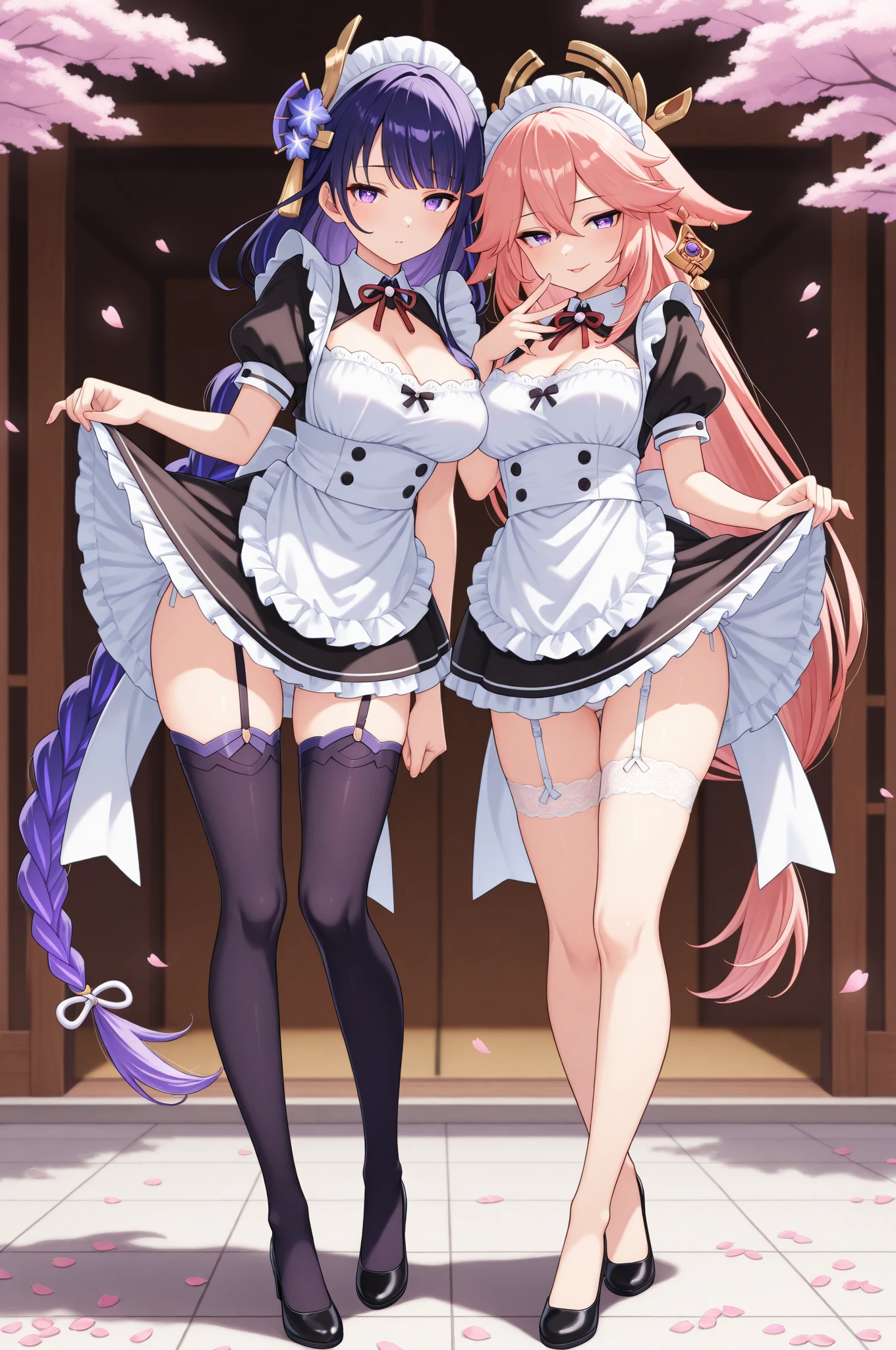 highest quality、masterpiece、((2 women))、((smile:1.3))、(blush:1.3)、Black Shirt、blouse、((fun!!))、(Small breasts)、()、Blonde、(Long sleeve)、((White ?????:1.5))、((Maid))、((hair ornaments)),、Kamimei、look at me、 ((in house:1.5))、 Taking a break from watching the audience、Cowboy Shot、(Skirt lift:1.3),(Highly detailed pink striped panties:1.3)、(Highly detailed panties:1.3)、、(スカート that rolls up:1.3)、(Panties fully exposed:1.5)、Light blue eyes、long hair、Glowing Eyes