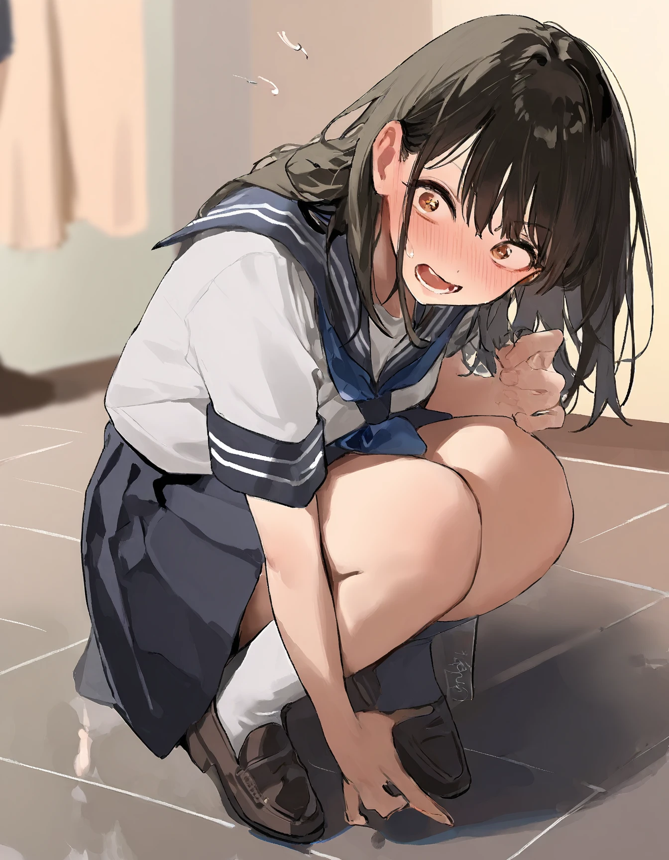 NSFW, (masterpiece, top quality, best quality, highly detailed:1.6), extremely detailed CG unity 8k wallpaper, (full body), wide shot, long shot, (Open your knees, Lift up the hem of the skirt with both hands, Show your panty:4), (crotch, pussy, urethra), (lite blue striped pattern panties:3), (Peeing with panties on, Pee stains spreading on panties, pee running down legs:2), (squatting, skirt lift, clutching skirt:1.6), (((Lift up the skirt high, Peeing with panty on))), Pee excreted with force, Urine that is discharged from the urethra in a parabolic arc, strong facial expression, (sharp eye:1.2), (scowl:1.1), (embarrassed, blush:1.3), (steam:1.9), (wet:1.2), (sweat:1.1), (trembling:1.3), (open mouth, wavy mouth:1.4), (clenched teeth:1.7), (closed eyes:1.5), (feeling weak:1.5), (shoot from front, looking at viewer:1.2), (school uniform, pastel colors cardigan:2), (Public Toilet:1.5), woman, indoor, High socks, Loafers, (very long hair, dark brown hair, ponytail:1.5), (woman trembling with sexual climax:1.5), (Be incontinent:1.5), colorful, perfect composition, urination, incontinence, piss, peeing self, (((pee stream))), (pee puddle), wetting herself, pee stain, large breasts, Yellow pee, ((leaking pee)), puddle of pee, Pee at your feet, Pee spread on the floor, Pee stains, Dripping pee between my legs, Feet wet from pee, Pee-covered feet, Pee at your feet, want to pee, about to pee, Full bladder, Pee-soaked skirt, Pee-soaked Loafers and socks, natural makeup,