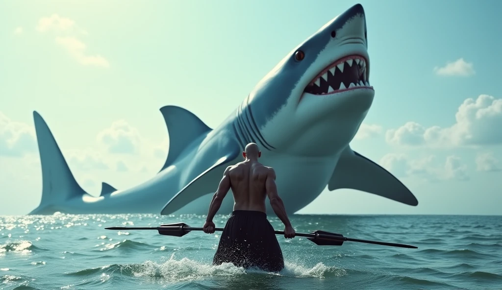 A strong white man, dark-haired, shirtless riding a great white shark