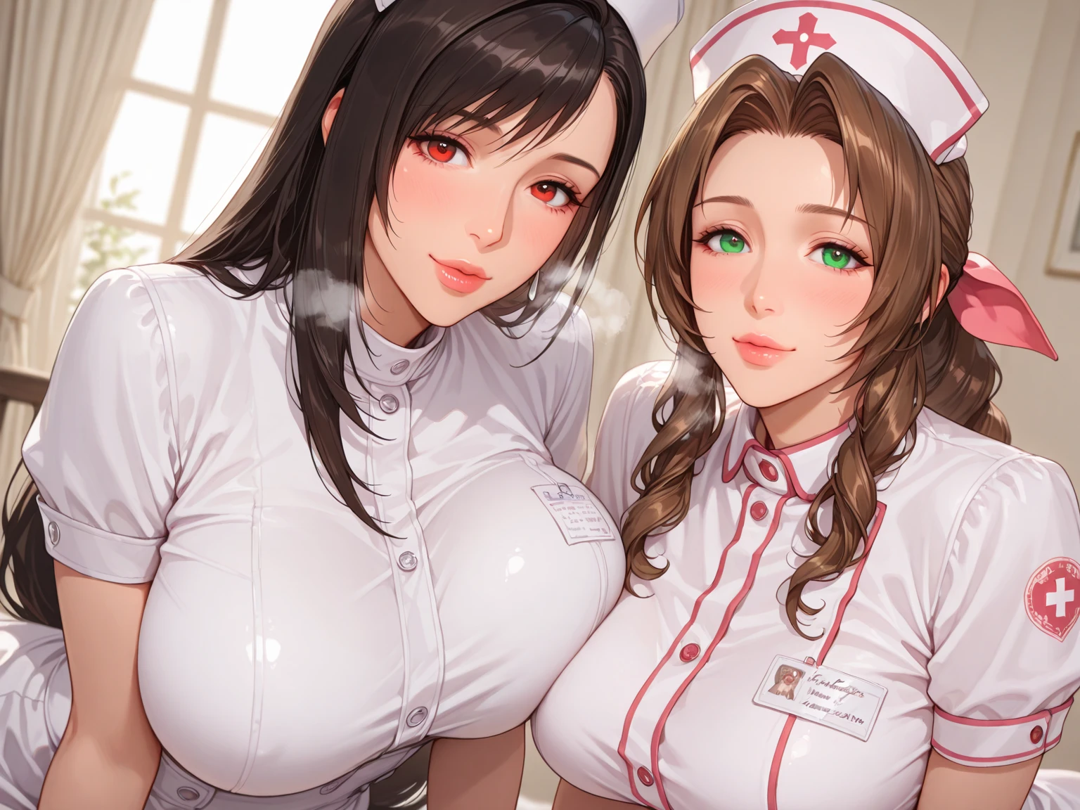top-quality、Full limbs、(photorealistic:1.2)、complete fingers、1 beautiful woman、beautiful detailed eyes、super detailed skin、sweat、oil、Slender beauty、straight haired、blown hair、french braid、blunt bangs、head tilt、((white Nurse bikini、covered erectile nipples、very skinny))、cleavage、white nurse hat、White pantyhose、hospitals、Hospital Room、on Patient bed、(stethoscope)、((((vulgarity))))、spoken heart、(light dark skin:1.6)、Imada Mio、