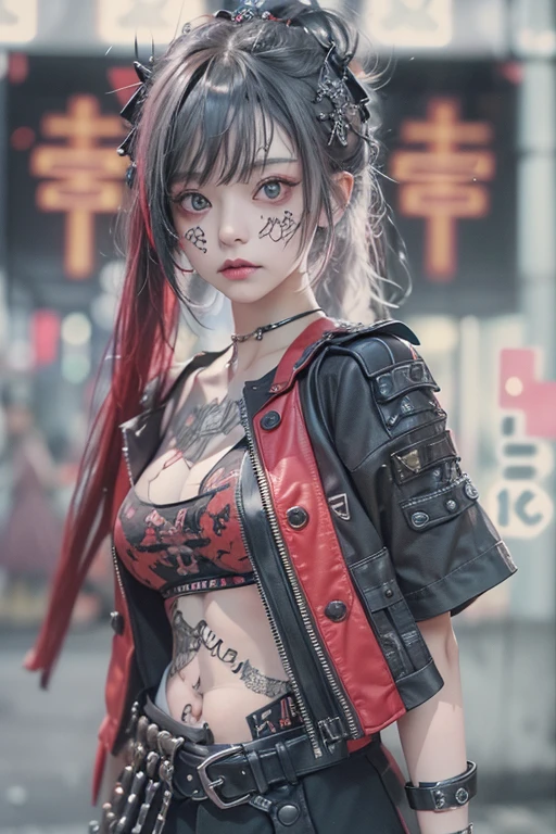 (blindbox style:1.3), cyberpunk_(series) cyberpunk_edgerunners rebecca_(cyberpunk) highres spoilers 1girl artificial_eye black_jacket blood blood_from_eyes blood_from_mouth colored_sclera colored_skin corpse death flower flower_over_eye green_hair ((guro)) jacket mechanical_eye neck_tattoo open_clothes open_jacket petals pink_tattoo red_eyes red_sclera signature solo stomach_tattoo symbol_in_eye tattoo twintails twitter_username white_skin yellow_eyes