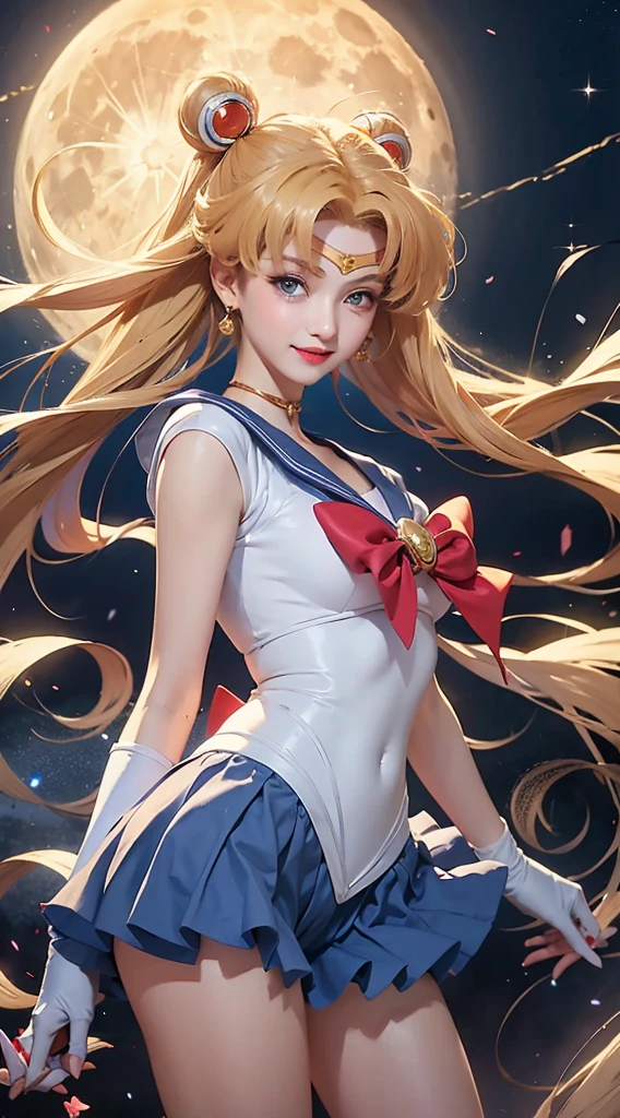 Arti modern anime. angled view, closeup action portrait beautiful mature "Sailor moon" as an mature 30 year old adult lady, long blonde pigtails, magic transforming scene, holding a magical and powerful heart sceptre, leaning forward, slim body, highly ornamented and detailed "glitter crystal clothing details", ("blue skirt"), ("red chest bow"), ("white gloves"), angle, "knee high heel boots", depth of field blur effect, night, photorealistic. cinematic lighting, highly detailed. best quality, 4k, Better hand, perfect anatomy, coy cute flirty focused expression, reflection, flat chested, highly ornamented clothing, fight battle pose, surrounded by star dust sparkling around her, red ribbons spinning around body, bright light from forehead, stars in the background, bend knees, magic powerful light glowing from body, magical ribbons, turning, face sitting angle, stepping