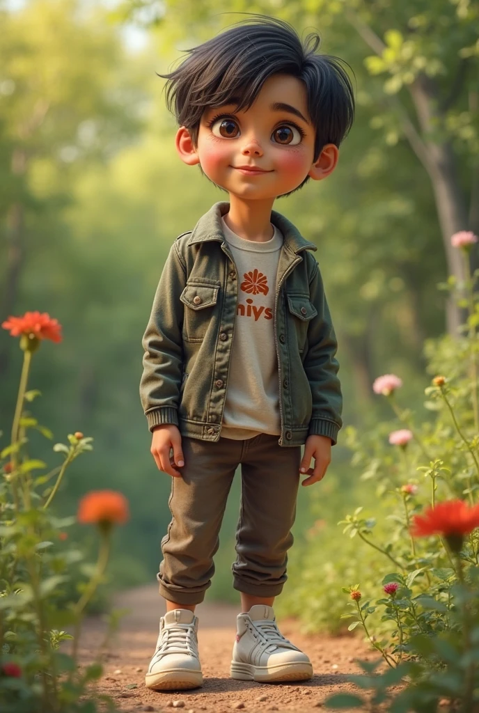 Retrato realista de um menino de sete anos, Ele usa uma camisa vermelha . Your face is and exploratory . Ele sai cautelosamente para o jardim da casa, A small cat is among the bushes and he touches it cautiously ,Not facing the camera,, Hair is messy ,