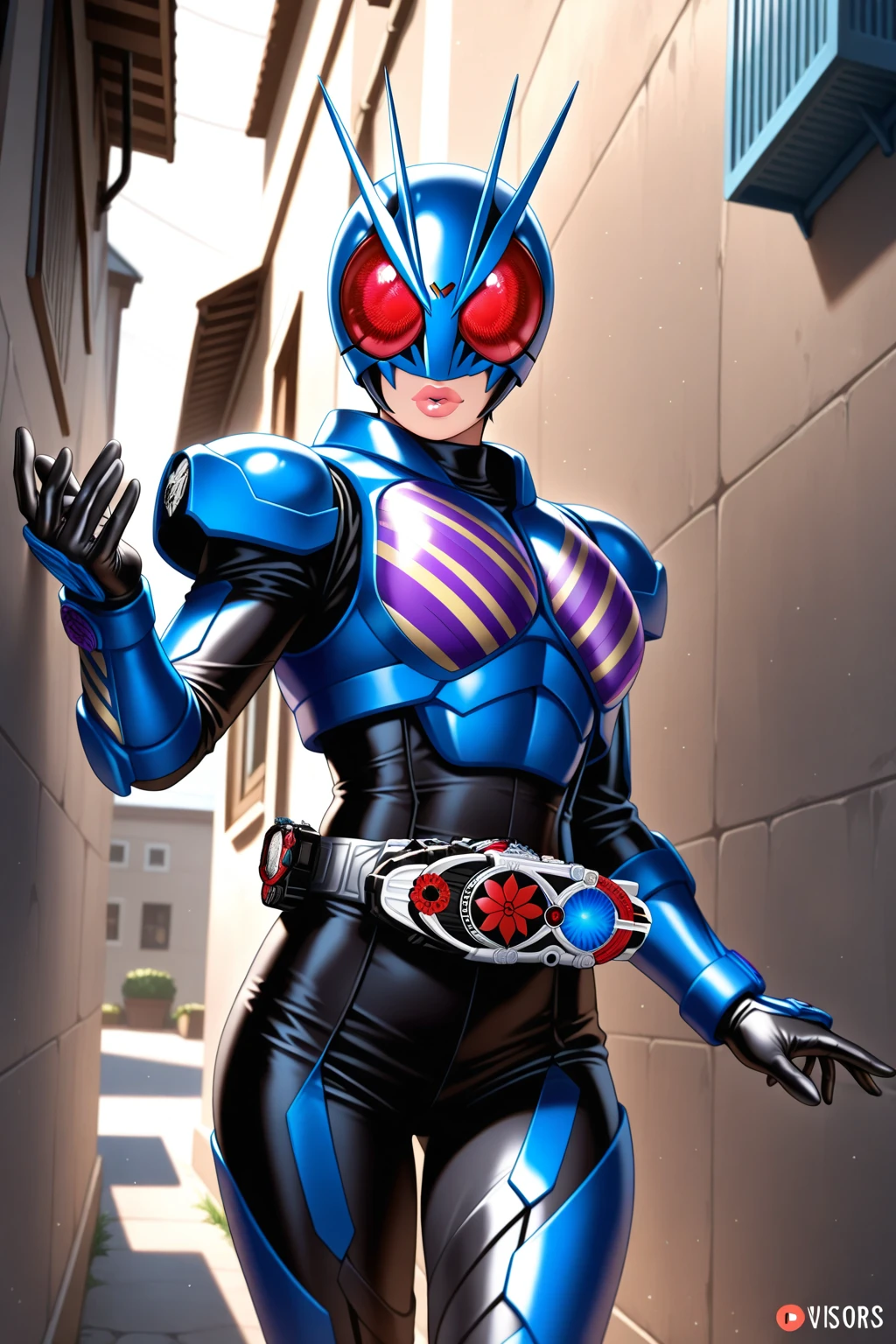 Masterpiece, Highest quality, illustration, black leotard, magenta scarf, Mask, helmet, Tokusatsu, belt, Crimson combat uniform, very large breast, Grasshopper mask, Solo, full bodyesbian, comming,