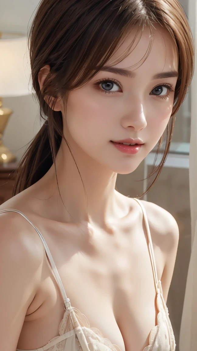 (run a high class brothel, A devilishly beautiful madam who sells useless prostitutes to organ brokers..),masterpiece, highest quality, Accurate, UHD, retina, Super detailed, Award history, High resolution, anatomically correct, (realistic:1.4),Raw photo,(Soft saturation:1.3),(Fair skin:1.2),rough skin, 8K,1 girl, alone, mature adult woman, Beautiful Evil, evil and sneaky sexy woman, (perfectly beautiful woman, perfectly beautiful face, Perfectly beautiful eyes, perfectly beautiful nose, perfectly beautiful nose, perfectly beautiful lips),(Chestnut hair tied on top of head),(compensate:1.3),(eye reflection:1.3, solid circle eye, ring-shaped eyes, Sparkling pupils:1.2, long eyelashes:0.7, amber eyes),(crystal earrings, necklace), sleepy, parted lips, boredom, (enchanting smile:1.4, cruel smile:1.4), (ponytail_hairstyles, glossy_lips:1.5,lip_reflection:1.5), break, ( average_breasts, strapless_bra, tiny_panties, stockings:1.5),(full_shot, at the hotel, looking at user, she is posing_joyfully:1.5),(Detailed texture of wrinkles in clothing:1.3)