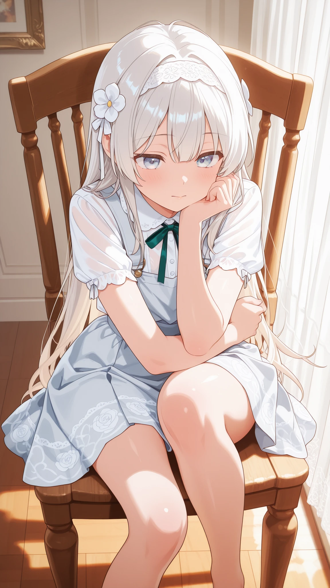 score_9, score_8_up , score_7_up , score_9,Score_9, Score_8_up , Score_7_up ,Generate photorealistic artwork: An elegant young woman in pure white loose floor-length dress (skirt draping naturally) wearing a 3D white floral hairband, sitting curled on a creamy Baroque-style carved wooden chair with left arm embracing bent knee and right hand resting on leg, eyes downcast in serene expression. Background features translucent white lace curtains illuminated by soft back/side natural light, casting warm glows on fabric folds and chair carvings. Emphasize fresh elegance through white and cream palette with precise details: lace transparency, layered floral hairband, intricate scrollwork on chair back. Overall dreamy ambiance with oil-painted texturing and creamy smooth light gradients.


