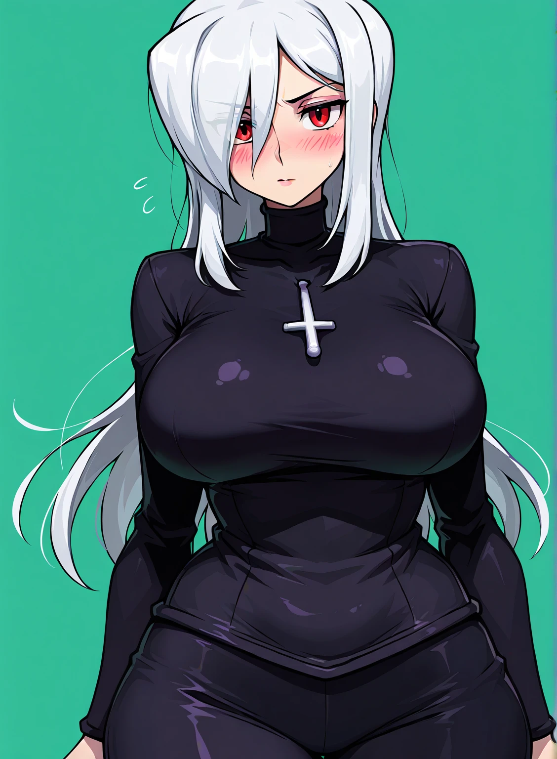 score_9, score_8_up, source_アニメ,blunt bangs,ponytail,Yellow Eyes,Gray Hair,Big Breasts,((1girl)),White background,areola,shiny skin,sharp eye,,stockings,High leg,latex,inner,suit,The whole body is shown,Expressionless,Leg spread