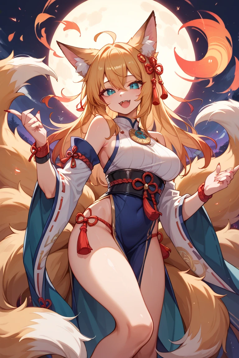 A portrait of a radiant adult woman with a warm smile directed at the viewer, she have nine "vulpine tails", Her long blonde hair is straight(frensh braid)(hair red flower)((hime cut)),"Her hairs are hidding her ears", Her eyebrows are small and refined, captivating purplish-blue eyes with bold red eyeshadow applied generously at the bottom of her eyes, Her facial features are delicate and finely shaped with a small refined nose and full lips, large and tall fluffy fox ears in vibrant orange with black tips, no clevage, Woman body set big breasts((accentuated large hips)), perfect body, She wears a wide traditional blue yukata adorned with intricate floral patterns(blue yukata),the background features a vibrant Chinese New Year celebration, lanterns, fireworks, traditional decorations, beautiful scenery,(Masterpiece, best quality, ultra-detailed),8k ultra-detailed features
