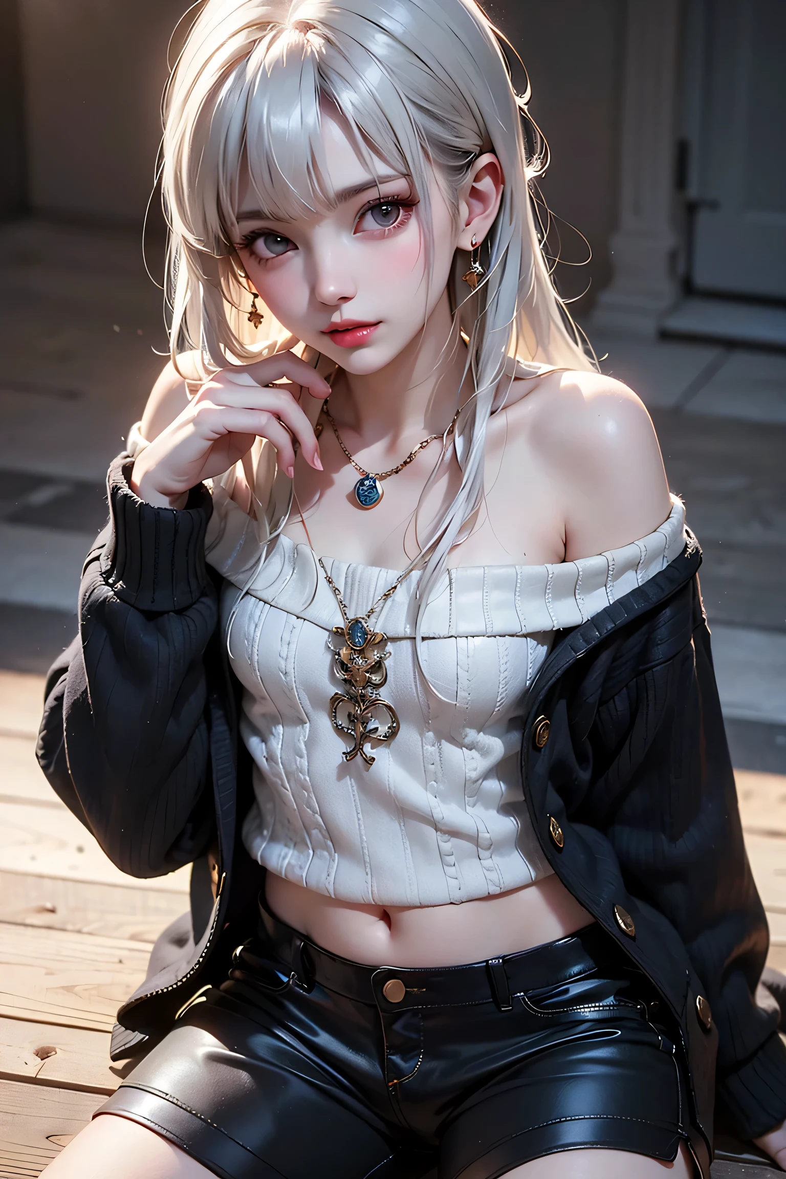 1girl,masterpiece,highest quality,futao (genshin impact),butao,ponytail,brunette,solo,symbol pupil,long hair, finger heart, bangs, black shorts,(highly detailed CG unity 8k wallpaper), (masterpiece), (top quality), (super detailed), (best illustration), (best shadow), (realistic:1.4), 1girl on street, Kpop idol, ((very oversized sweater, button sweater, open sweater), (gray hair:1.1), collarbone, (middle breast: 1.3), viewer, smile, whole body, (latex clothes, Latex tights, soft smile, smooth texture of clothes),