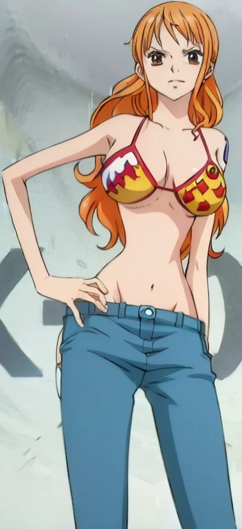 a cartoon picture of a woman in a bikini top and jeans, nami one piece, nami from one piece, nami, beautiful portrait of nami, from one piece, oppai, blue eyes, smoking, ponytail