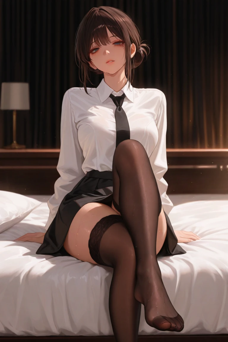 highest quality, masterpiece, High resolution, (Head to Toe full body), front, frontやや下からの構図, Symmetric, 18 year old tall girl, alone, (Head to Toe), (Small breasts), Unkempt brown hair, bangs, (black tights), (Black Pantyhose), (Sit with your legs apart), (Crouching pose), (A work depicting white panties), (Her legs were spread、I see your white pants.), (I was made to sit on the floor with my legs spread.....), (M-shaped feet), Thin legs, A very beautiful and tall 18 year old girl, (No shoes), blush, Shy big eyes, Looking at the camera, Blazer uniform, Checkered Pleated Skirt