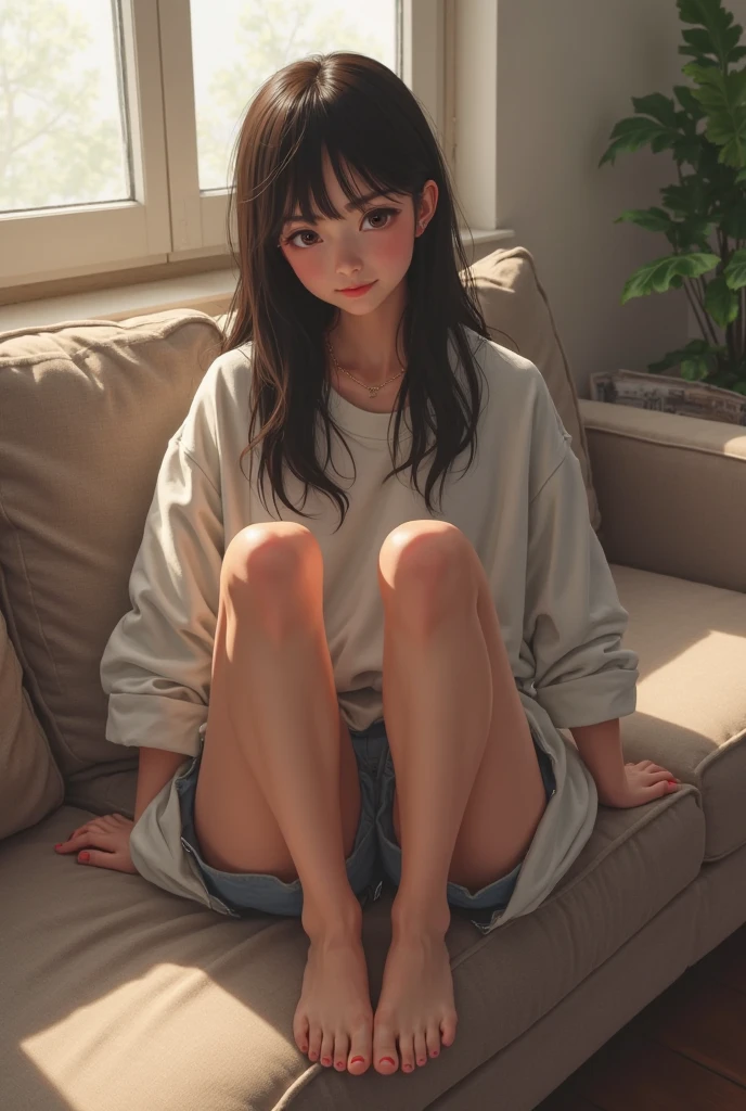 (best quality,masterpiece:1.2),1girl,sitting on a cozy sofa,legs crossed,soft lighting