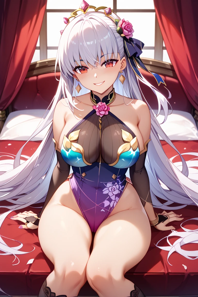 (Enrich the picture,Masterpiece level quality),Beautiful 8K CG artwork,1girl,solo,morgan le fay (fate),detailed face, perfect face, perfect eyes,blue eyes,Long Hair, pony tail,Very long hair, big boob, black bow,Hair Bow, thighs,side locks, French braid, grey hair,Slim and soft,big breasts,