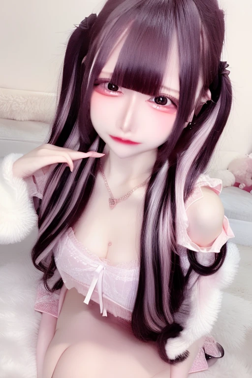 White fluffy oversized sweater、Off the shoulder、(((Big Breasts))),Big cleavage、Long black hair、jirai girl, jirai type make-up、Red eyeliner、(open doorway:1.3)