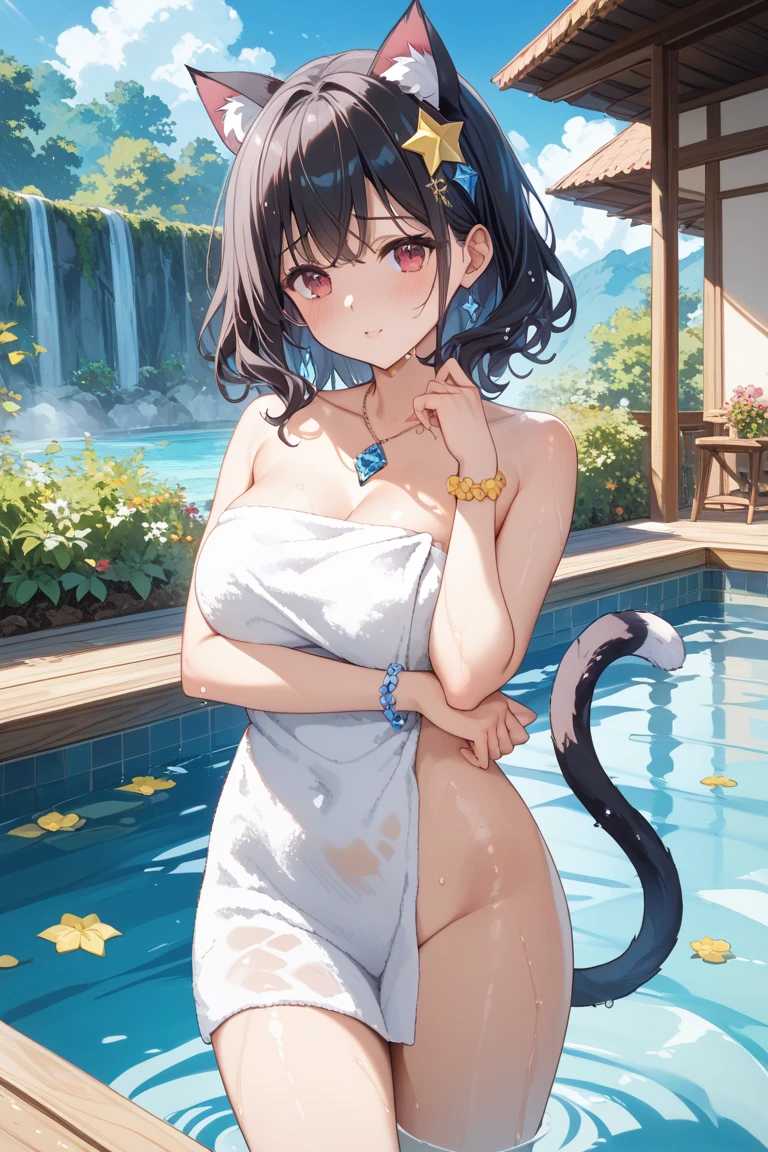 cute dog girl, nsfw, (((showering naked in a waterfall))), (embarrassed expression ,blushing), ((((covering her breasts)))), (((focal point))), ((close-up full body shot)), ((dynamic angle)), (long black hair, wet and shiny), (((dripping wet body))), (dog ears), (dog tail), (dog collar), ((detailed water droplets, sunlight filtering through trees)), ((dynamic and beautiful lighting)), BREAK, masterpiece, UHD, detailed and high quality, serene atmosphere, vibrant colors, flowing water, detailed background, intricate details, natural beauty