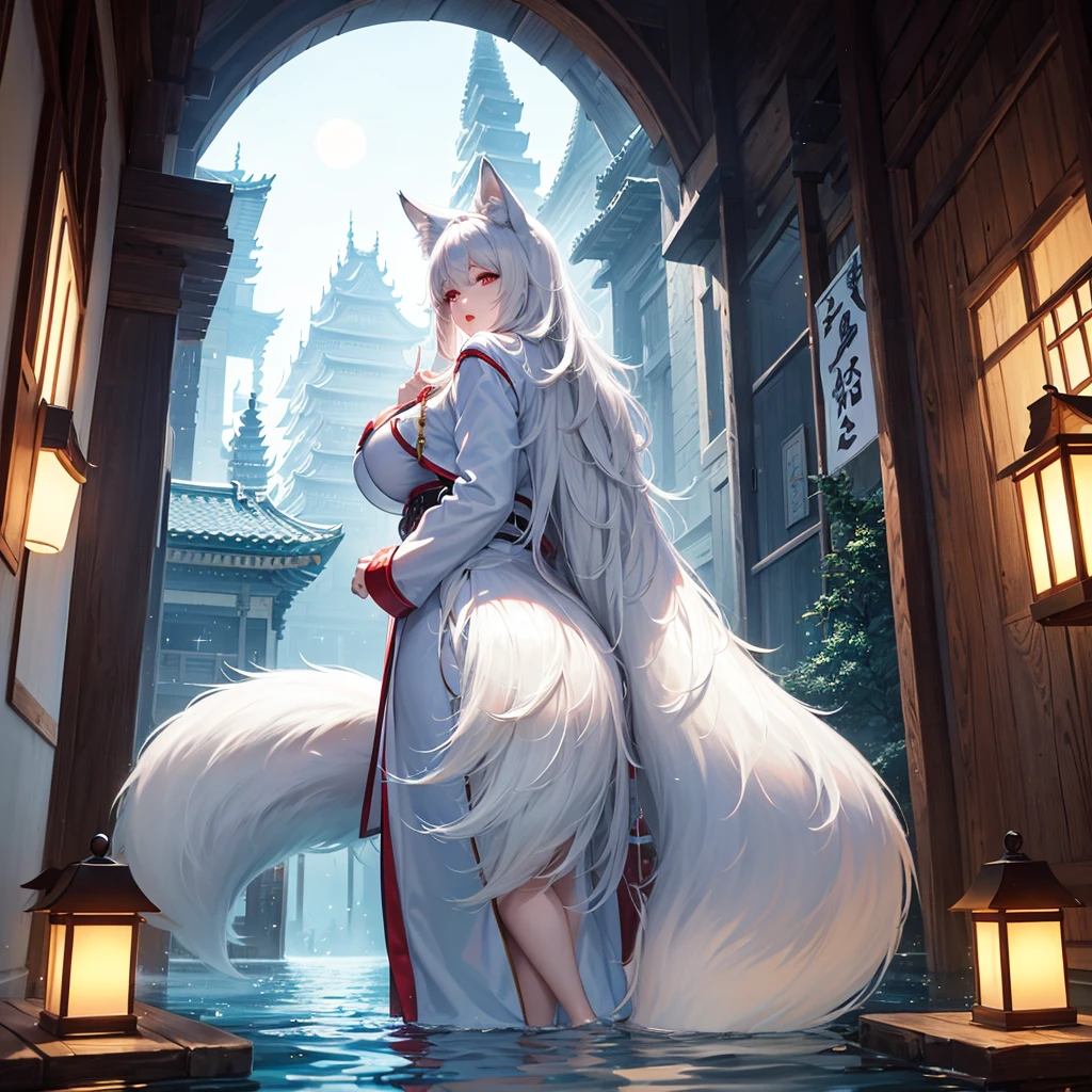 a Kitsune girl in profile looking up, (((a waterfall, and throwing water on her body))), long white and black hair, (((half black and white hair))), Fox ears, blood red eyes , thick lips, small round breasts, very big ass, thick legs, fox tails, full body, perfect and sunny reflections, {extremely detailed 16k CG unit wallpaper}, expansive landscape photography, (a view from below focusing on the character and the scene), (wide open field view), (low angle shot), (high light: 1.8), (low light: 1.4), (warm light source: 1.4), complex details, (iridescent colors: 1.4), (bright lighting), (atmospheric lighting), dreamy, unique,