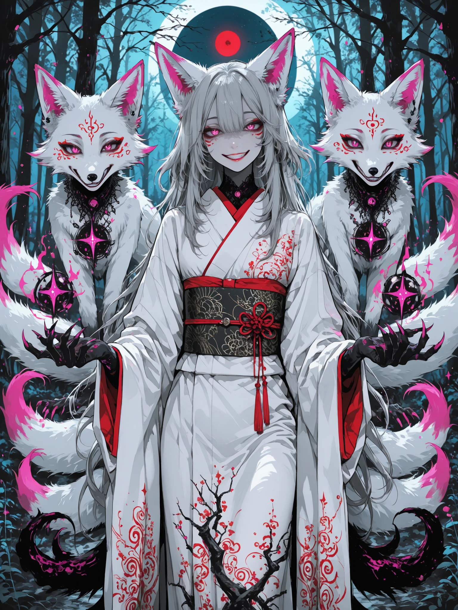 Demonic fox girl, beautiful demon fox ink drawing.Elegant dancing tail,nine tails,fox ears,in extreme detail, Grin, hating the viewer ,transparent,bright colors,The rich and delicate texture,Mysterious forest under the moonlight,long flowing hair,impressive face, exposing its claws , eye-catching ,Lazy in evil,cold smile,Elegant and noble pose,charming and seductive temperament,sparkling with magic, in the blue moonlight,in the white kimono,has a black text pattern.