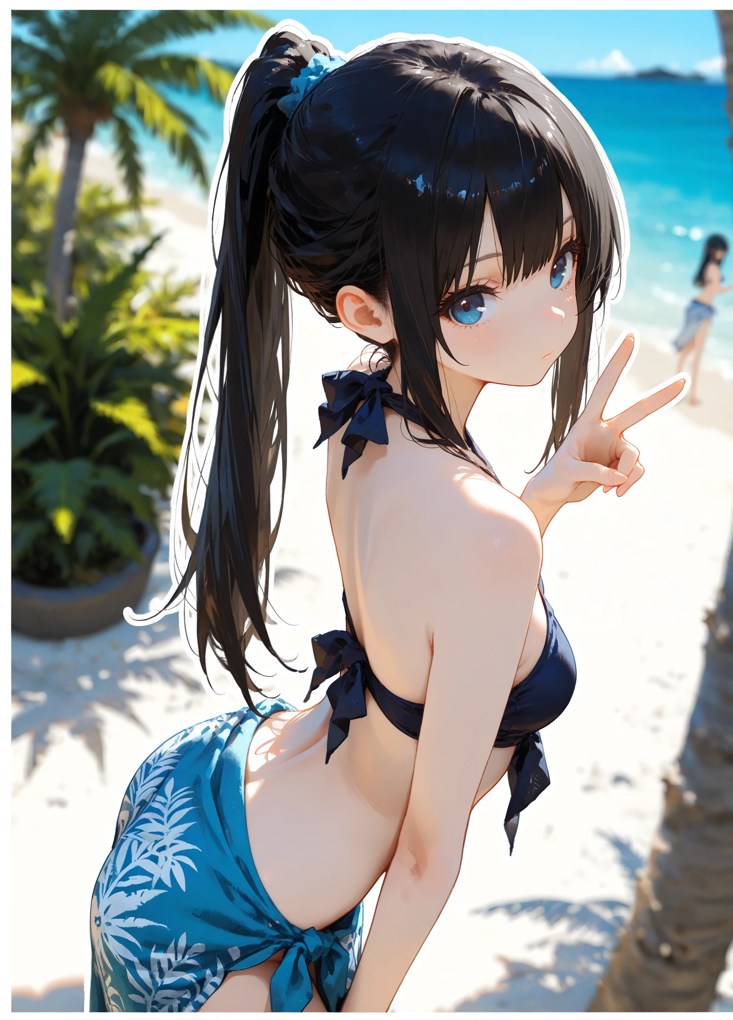 A girl posing for a photo, ((One Girl)), (((Baby Face:1.7)) + ((cute:1.5)) +  ((15 years old))), 
break 

#Clothing Accessories 
((White high leg monokini swimsuit:1.1)) + (Covered nipples:1.1) + white high heel sandals, 
(Gold Hoop Earrings), (gold fancy bracelet), (A necklace studded with many precious stones), 
break 

#Features 
((Black Hair:1.2)) + ((Very long side bangs)) + ((Twin tails) : Short Hair + Curly hair + Voluminous Hair + Fuller Hair + Tied with a red ribbon), 
((Droopy eyes:1.4, Big eyes:1.2), blue eyes), (Small breasts + Flat chest), (中立的な顔のFeatures), 
((sensuous:1.5)), 
break 

#background environment 
((noon, (Sunny tropical beach:1.1), ((blue sky)))), 
#Facial Expression Pose
((blush, smile, Open your mouth)), ((Rear view, Get on all fours with your butt facing the camera.)), 
#composition 
((To the camera), (Angle from behind), (Character Focus), (Cowboy Shot)), 
break 

#Body parts elements 
(Slim figure), 
(Symmetrical facial features), 
(Detailed Hair, Beautiful Hair, Shiny Hair), 
(double eyelid, Long eyelashes, Thin eyebrows:0.5, Thin eyebrows:0.5), 
(Expression of fine eyes, Beautiful and delicate eyes, Sparkling eyes, Eye Reflexes, Glitter Eyeliner), 
(Human Ear), 
(Beautiful Nose, Thin Nose), 
(Glossy Lips, Beautiful Lips, Thick lips), 
(Detailed skin, Textured skin, Beautiful Skin, Oily skin), 
break 

#quality 
(((最高quality)), ((masterpiece:1.3)), ((Very detailed))), ((Ultra-high resolution)), ((16K)), ((1080P)), ((Full HD)), 
((Anatomically correct)), ((Realistic)), (3DCG), ((Oil painting)), 
((comics, anime)), (CG illustration), (RAW Photos), 
