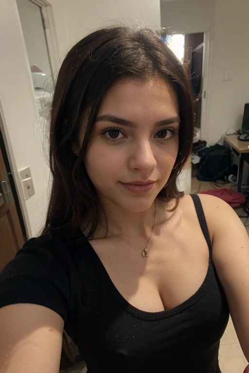 Femme brune européenne hyperréaliste aux cheveux bouclés et au visage rond et sérieux  , she takes a photo of her breasts in seflie mode