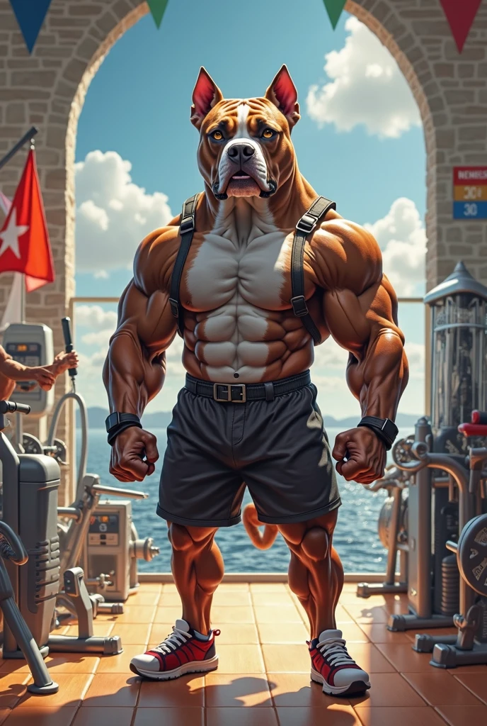 A man holds a bulldog on his head,Posing for a photo, muscular的性格, Exaggerated muscular physique, muscular的体格, Big Muscle, Extreme muscles, muscular,Frightening, wrinkles and muscles, Dog Face Muscle Goblin, muscular, very beautiful. Big Muscles, muscular的性格s, muscular的牛头人, Muscle bulge, muscular, Big Muscle
