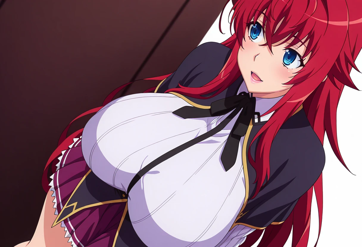 masterpiece, best quality, 1girl, long hair, looking at viewer, :3, cute, black school uniform, outdoors, streets, cowboy shot, large breasts, curvy, (((blue eyes))),  rias gremory, red hair, antenna hair,  wavy hair, ((beautiful detailed eyes, beautiful detailed glow, lots of glow)), anime screencap, mini skirt, stockings 
