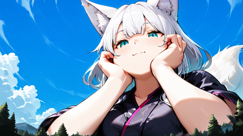 1 Sister、Braided side up wolf cut straight hair、Grey Hair、Golden Eyes、Black hooded jumper、Grey long neck knit、Very big 、Black shorts、Gray sneakers、Black Pantyhose、Doing parkour moves、Looking up at the sky、A flower field glowing pale at night、Pale Moon、Sharp Eyes、Star Rail