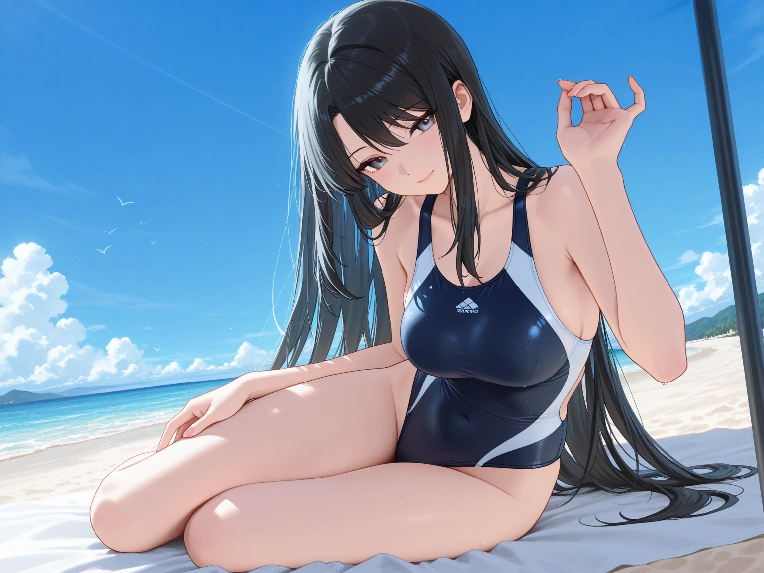 ((masterpiece, best quality)),((highres:1.2)), 1 Girl, solo, Blurred Background, (((Small breasts))), Thighs, (One piece swimsuit), pool,((leg Spread)) ,