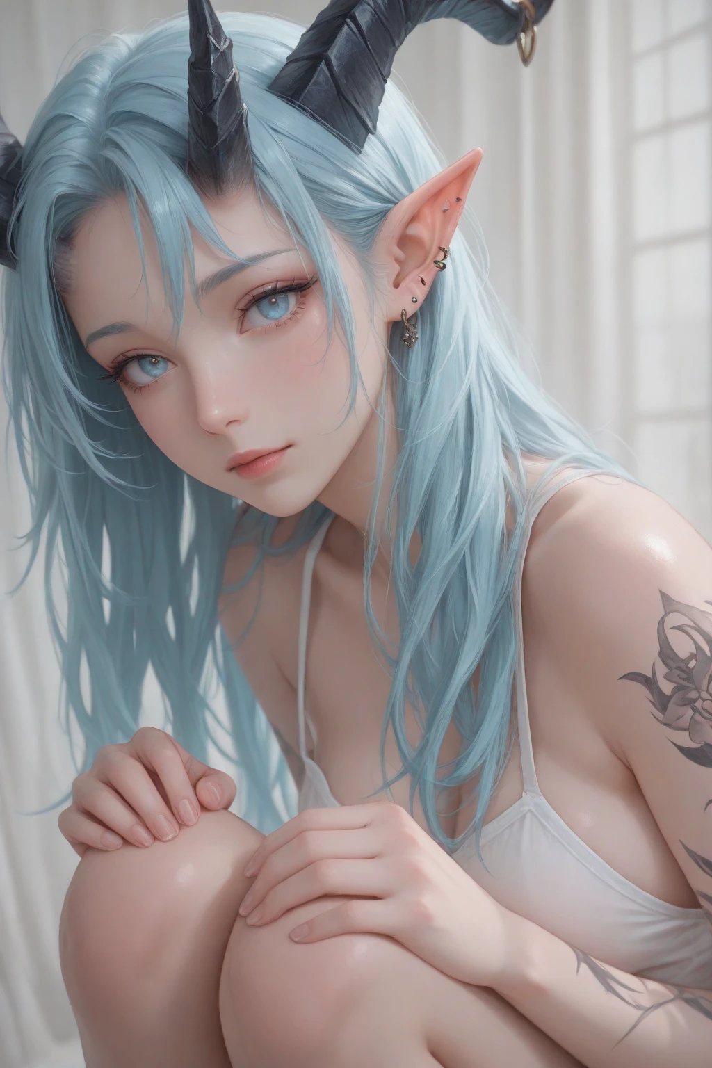 No bra、Upper body naked、Western Beautiful Girl、22 years old(RAW Photos:1.2),Blonde beauty、A beautiful woman like the one in Final Fantasy、A toned warrior、Holding a dagger、medieval europe landscape、Sharp Eyes、Fighting Woman、Sky Blue Hair、Wearing a collar、Blue hair blowing in the wind、High-quality photos、Ukrainian beauty、Fair skin、All breasts exposed、Gorgeous embellished necklace、 (that&#39;Photorealistic:1.4),(Highest quality:1.4), You can see all your、Omi、魔物とFighting Woman性、Shining blue hair, clear eyes、Real women、Exposing breasts、crystal clear red eyes、Beautiful shiny sky blue hair、Hair blowing in the wind、Boobs fully exposed、Fantasy World、(Ultra-high resolution:1.2), Ultra-high resolution,(Fine grain),(Detailed facial features),(mini skirt, Ticker, 8K resolution, Fits perfectly to the skin, Upper body naked、(Shiny skin), (Slender girl), dream, No bra、hair ornaments, Tight waist, (Highly detailed illustration), Bangs that cover the eyes、Straight hair, Super long hair, Platinum Blonde、 Very bright and beautiful light blue eyes, Very big eyes、1 Girl, Cute type, Small Face Beauty、The chest is fully exposed、Cheek highlight、pure love, (Shy and cheerful expression),, indoor, Large Breasts, Big Breasts,