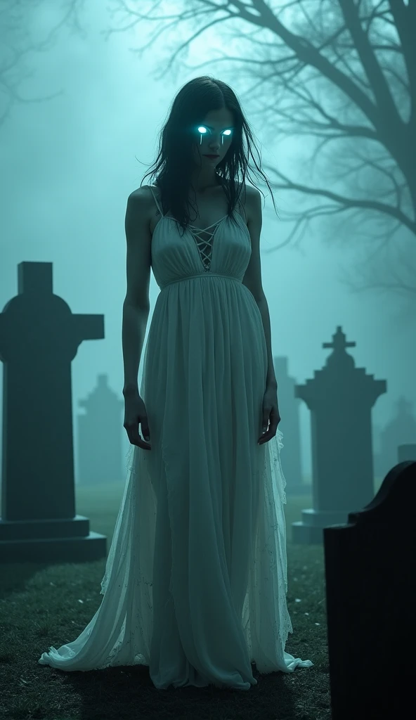 A scary ghist in a dark graveyard, it has rotten skin and white eyes, long flowy hair and a transparent linen dress