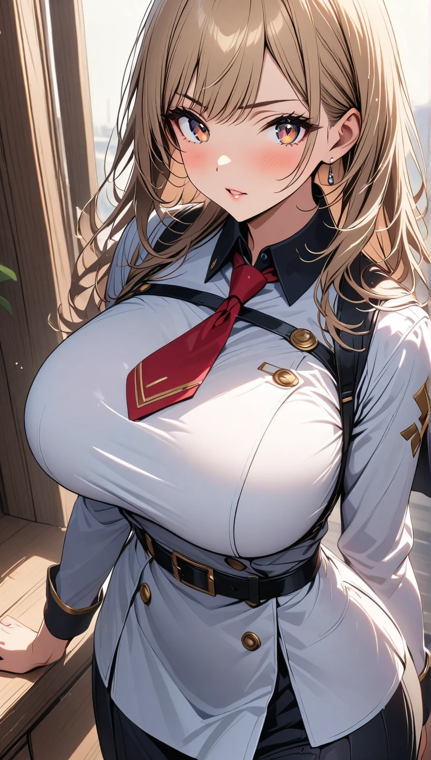huge breasts,, , solo, ,open mouth,cowboy shot,smile,wide hips,sweat body,wet body,long hair,hair band,blonde hair,,orgasm,ahegao,blush,sitting,on bed,white uniform,long skirt