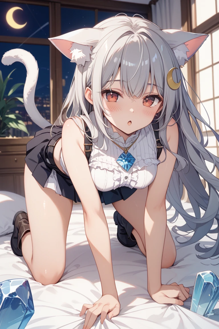 1girl,(white hair:1.2), gray eyes, cat ears, (cat girl:1.1), hair between eyes, ((low twin tails)), long hair, hair band, hair accessories, bow tie, (with thong:1.2), black bra:1.3), ((white:1.2) thigh stockings:1.3), illustration, accumulate, bow, bangs, ruffles, short sleeves, bow tie, on the bed, window, whole body, perfect fingers, perfect hands, ass up, from behind, sitting,