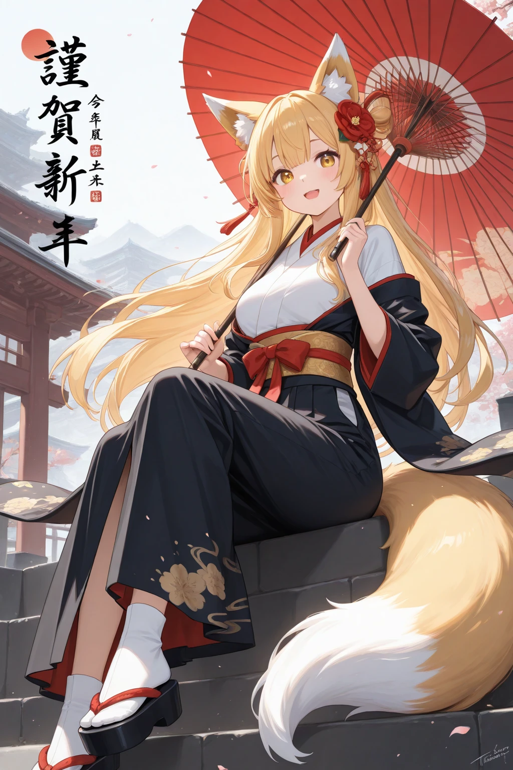 (Masterpiece, best quality: 1.2), traditional Chinese ink painting, deep purple eyes gleaming, blonde long hair, held back by ornate hairpins, cascades over a short, red kimono adorned with golden foxes, three tails, tipped in red, flicker with mystical foxfire, bound by a black obi belt with a fox-head buckle.