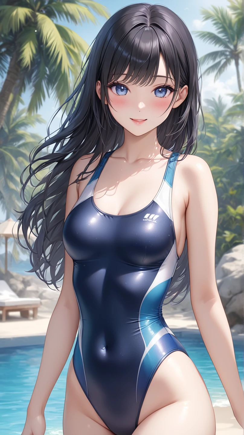 modern house indoors, 1lady solo, mature female /(black long hair/) (competition swimsuit:1.2), blush kind smile, (masterpiece best quality:1.3) delicate illustration high resolution ultra-detailed perfect face beautiful skin large breasts
