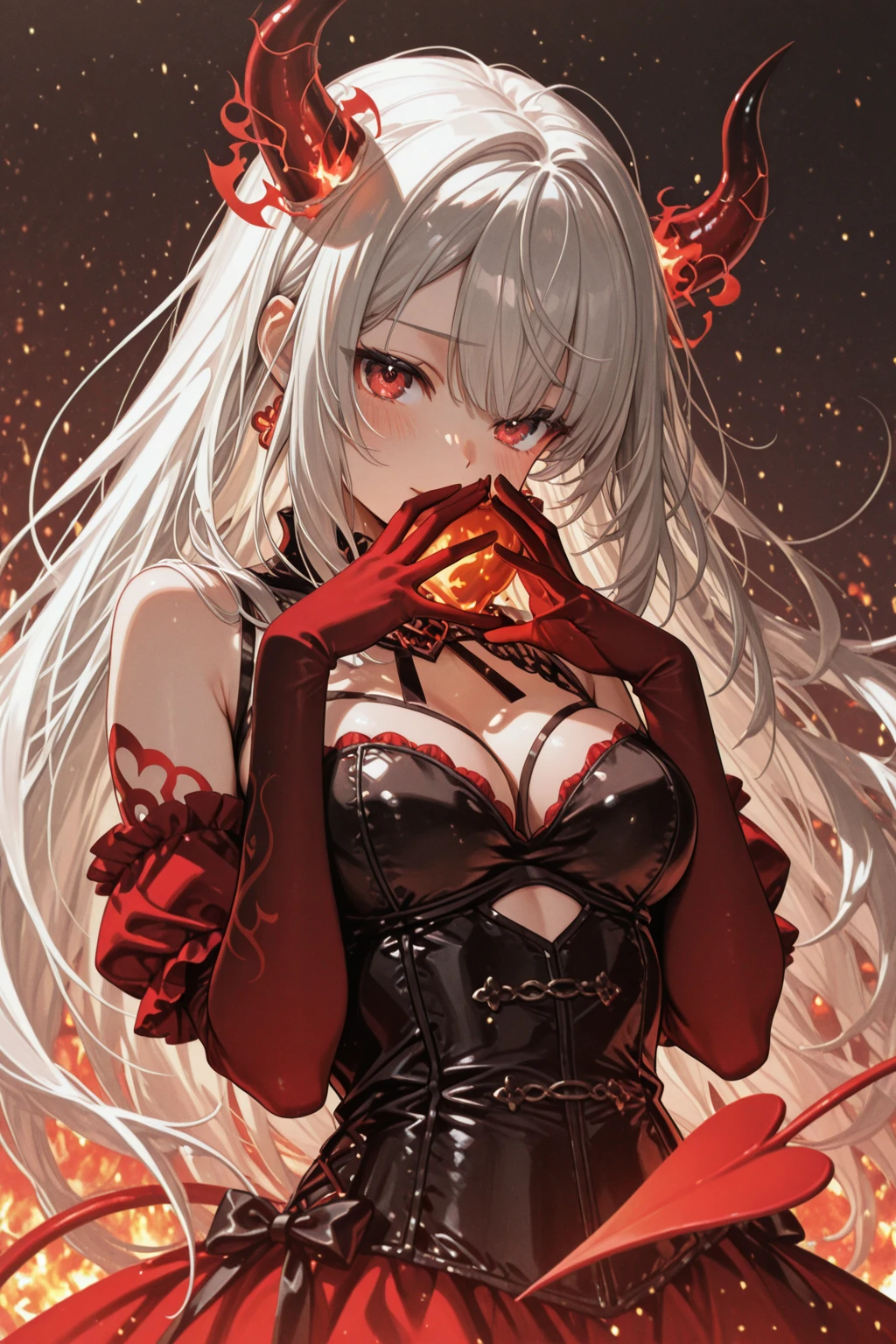 (masterpiece, top quality, best quality, official art, beautiful and aesthetic:1.2), (1girl:1.3), (fractal art:1.3),absurd, masterpiece, best quality, realistic, hyper-detailed, (shiny skin, sweaty:1.4), looking at viewer, slender, 1girl, solo, white sneakers, white miniskirt, straight long hair, princess cut, white hair, red eyes, (thick thighs:0.5), dynamic lighting, high resolution, sharp focus, depth of field, medium breasts, side boob, vampire, masterpiece, best quality, ultra-detailed, illustration, ultra-detailed face, best quality face, evil, 18 years old, adult, 1girl, 18 years old, white hair, alchemy outfit, intricate detailed outfit, sexy pose, glowing red dress, cute, kawaii, digital art, finely detailed eyes, blushing, red cheeks